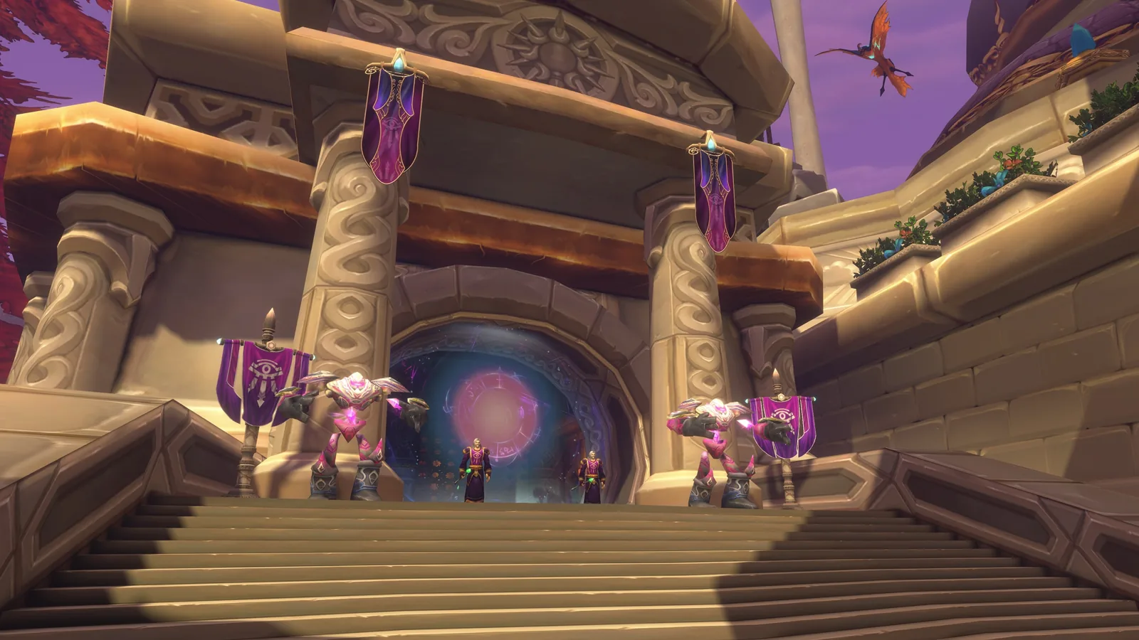 Grand elven stairway and gate with banners