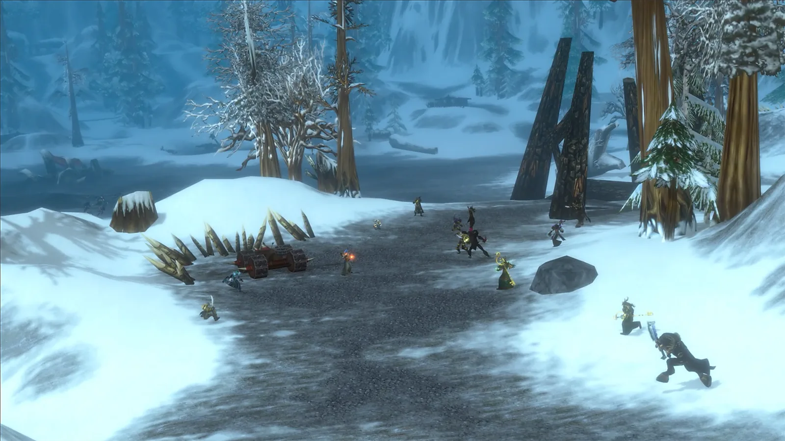 Snowy forest with players fighting