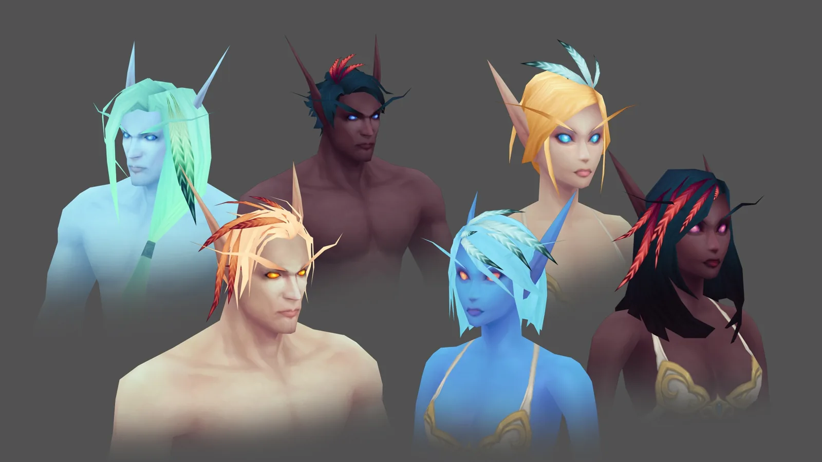 Five Skyborne character models, varied hair and skin