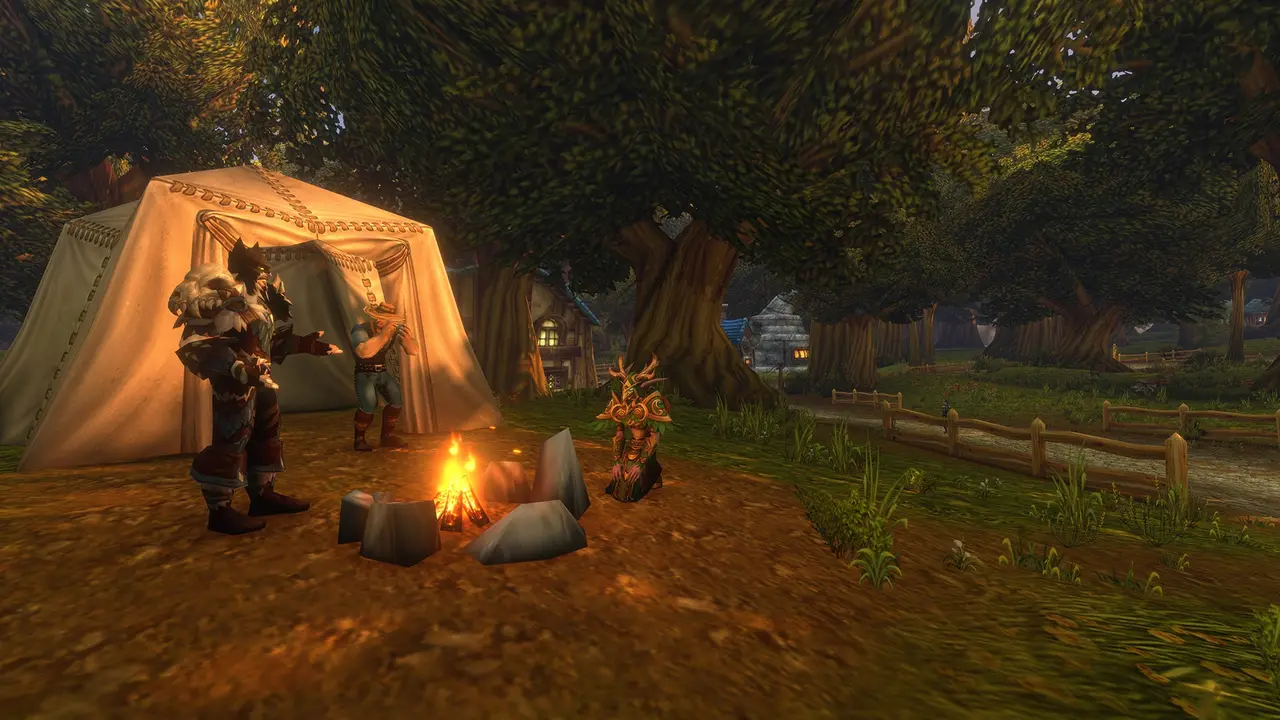 Official WoW Forever image: character at campfire beside tent